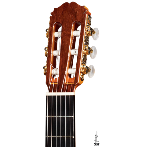 The headstock of a 2004 Sakurai-Kohno &quot;Professional-J&quot; classical guitar made of cedar and CSA rosewood
