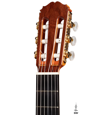 The headstock of a 2004 Sakurai-Kohno "Professional-J" classical guitar made of cedar and CSA rosewood