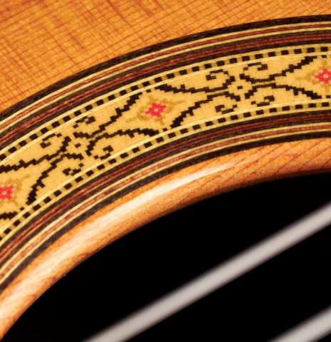 The rosette of a 2004 Sakurai-Kohno "Professional-J" classical guitar made of cedar and CSA rosewood