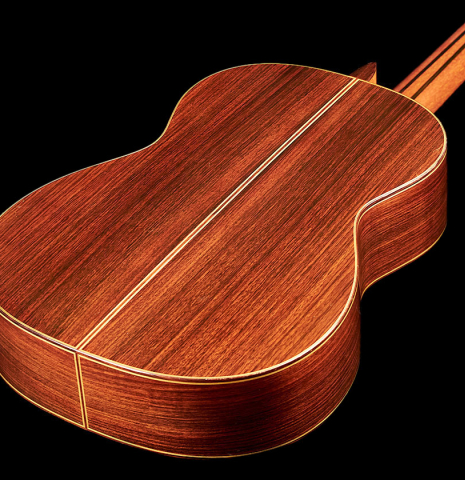 The back of a 1982 Masaru Kohno &quot;Concert&quot; classical guitar made of spruce and Indian rosewood
