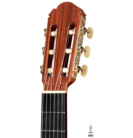 The headstock of a 1982 Masaru Kohno &quot;Concert&quot; classical guitar made of spruce and Indian rosewood