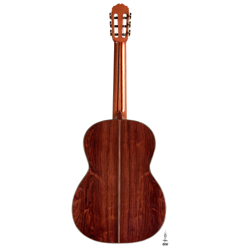 The back of a 2005 Sakurai-Kohno "Professional-J" classical guitar made with spruce and CSA rosewood.