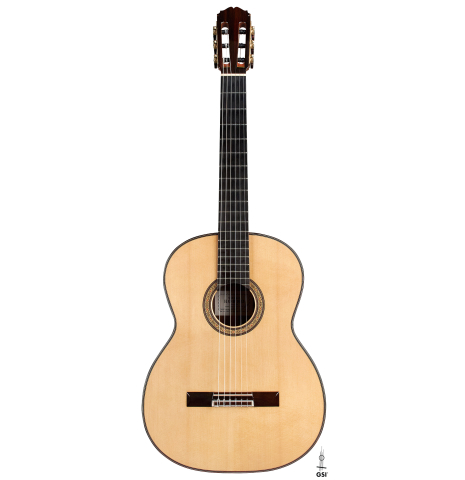 The front of a 2005 Sakurai-Kohno "Professional-J" classical guitar made with spruce and CSA rosewood.