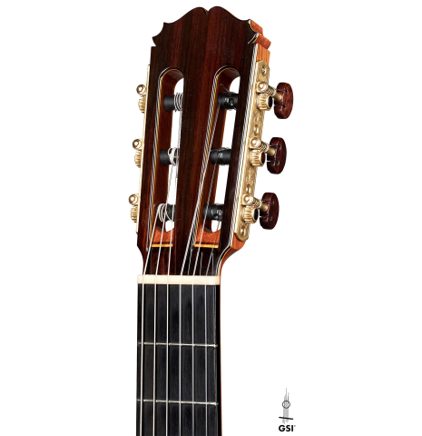 The headstock of a 2005 Sakurai-Kohno "Professional-J" classical guitar made with spruce and CSA rosewood.