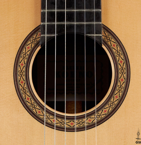 The rosette of a 2005 Sakurai-Kohno "Professional-J" classical guitar made with spruce and CSA rosewood.