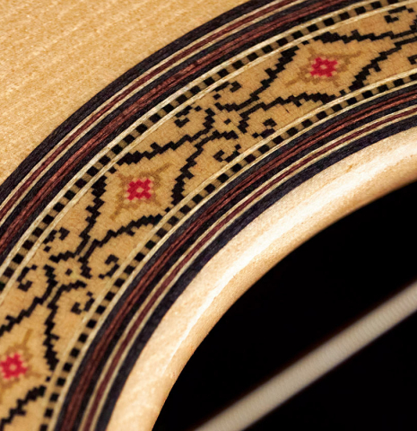 The rosette of a 2005 Sakurai-Kohno "Professional-J" classical guitar made with spruce and CSA rosewood.