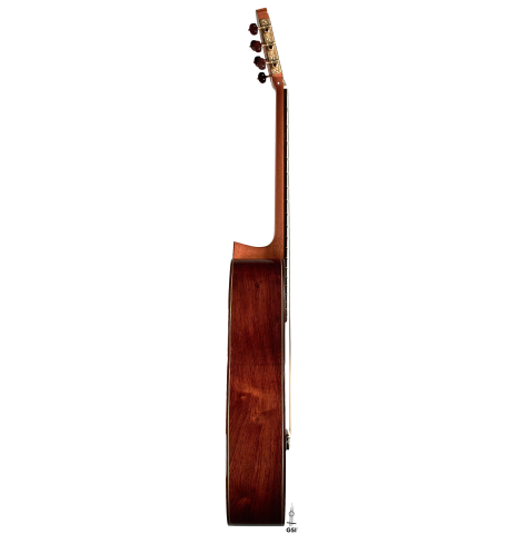 The side of a 2005 Sakurai-Kohno "Professional-J" classical guitar made with spruce and CSA rosewood.