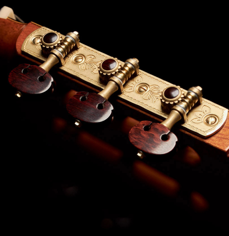 The machine heads of a 2005 Sakurai-Kohno "Professional-J" classical guitar made with spruce and CSA rosewood.