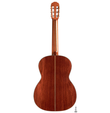 The back of a 2009 Sakurai-Kohno "Professional-J" classical guitar made of cedar and CSA rosewood on a white background