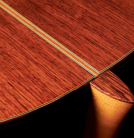 The back, heel and purfling of a 2009 Sakurai-Kohno "Professional-J" classical guitar made of cedar and CSA rosewood