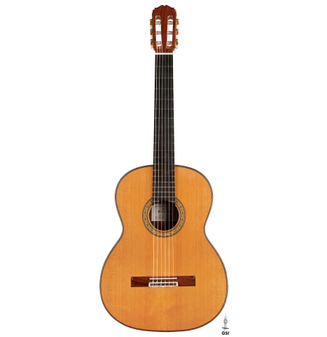 The front of a 2009 Sakurai-Kohno "Professional-J" classical guitar made of cedar and CSA rosewood on a white background
