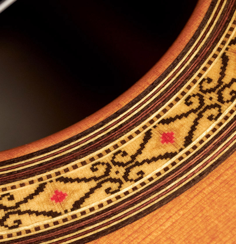 Closeup of the rosette of a 2009 Sakurai-Kohno "Professional-J" classical guitar made of cedar and CSA rosewood