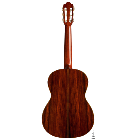 The back of a 1964 Masaru Kohno "4" classical guitar made of spruce and Indian rosewood