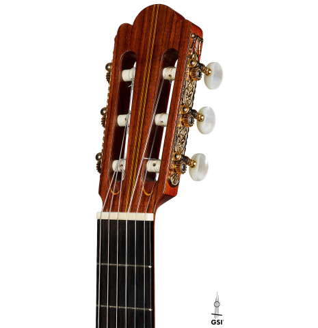 The headstock of a 1964 Masaru Kohno "4" classical guitar made of spruce and Indian rosewood
