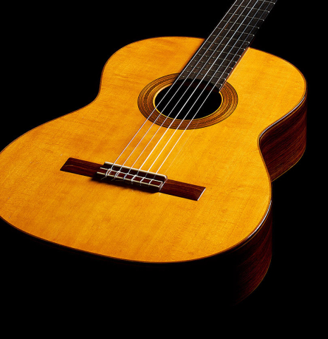 The soundboard and sides of a 1964 Masaru Kohno "4" classical guitar made of spruce and Indian rosewood