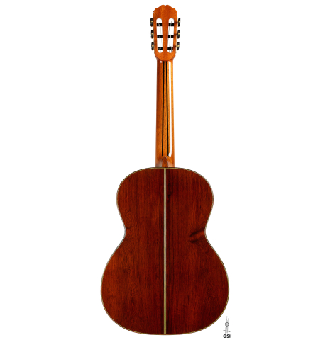 The back of a 2024 Sakurai-Kohno "Professional-J 630" classical guitar made of cedar and African rosewood