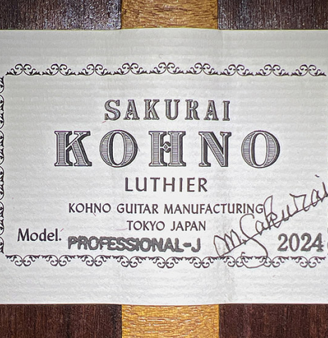 The label of a 2024 Sakurai-Kohno "Professional-J 630" classical guitar made of cedar and African rosewood
