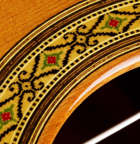 Close-up detail of the rosette of a 2024 Sakurai-Kohno "Professional-J 630" classical guitar made of cedar and African rosewood