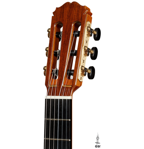 The headstock of a 2024 Sakurai-Kohno "Professional-J 630" classical guitar made of cedar and African rosewood