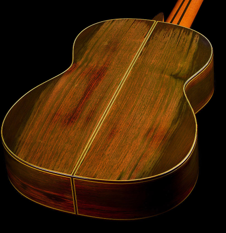 The back and sides of a 1981 Masaru Kohno "30" classical guitar made of spruce and CSA rosewood