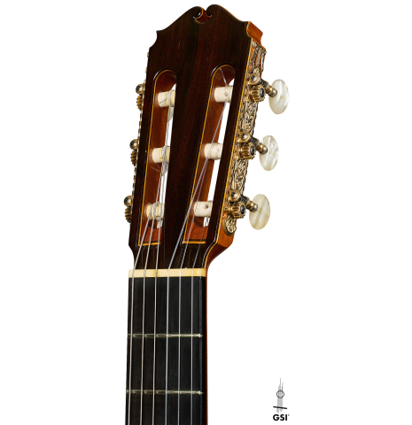 The headstock of a 1981 Masaru Kohno "30" classical guitar made of spruce and CSA rosewood