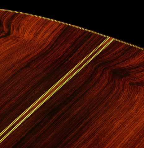 The back center seam of a 2006 Sakurai-Kohno "Professional-J" classical guitar made of cedar and CSA rosewood