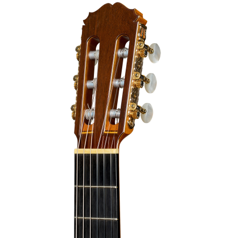 The headstock of a 2006 Sakurai-Kohno "Professional-J" classical guitar made of cedar and CSA rosewood