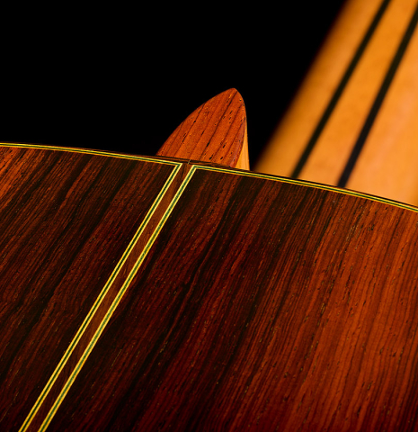 The heel, back binding and purfling of a 2006 Sakurai-Kohno "Professional-J" classical guitar made of cedar and CSA rosewood