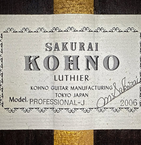 The label of a 2006 Sakurai-Kohno "Professional-J" classical guitar made of cedar and CSA rosewood