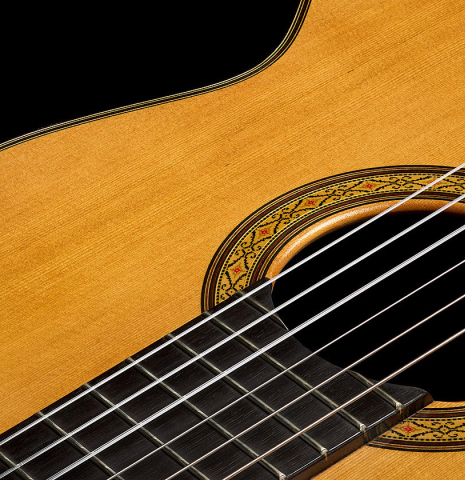 The top and rosette of a 2006 Sakurai-Kohno "Professional-J" classical guitar made of cedar and CSA rosewood