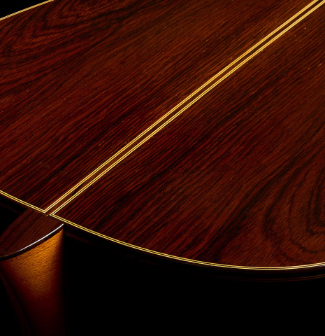 The heel, back binding and purfling of a 2003 Sakurai-Kohno "Maestro" classical guitar (ex John Dearman) made of spruce and CSA rosewood