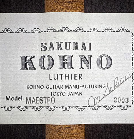 The label of a 2003 Sakurai-Kohno "Maestro" classical guitar (ex John Dearman) made of spruce and CSA rosewood