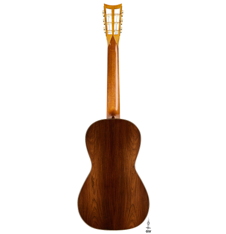 The back of a 1998 Bernhard Kresse "Panormo" classical guitar made of spruce and CSA rosewood