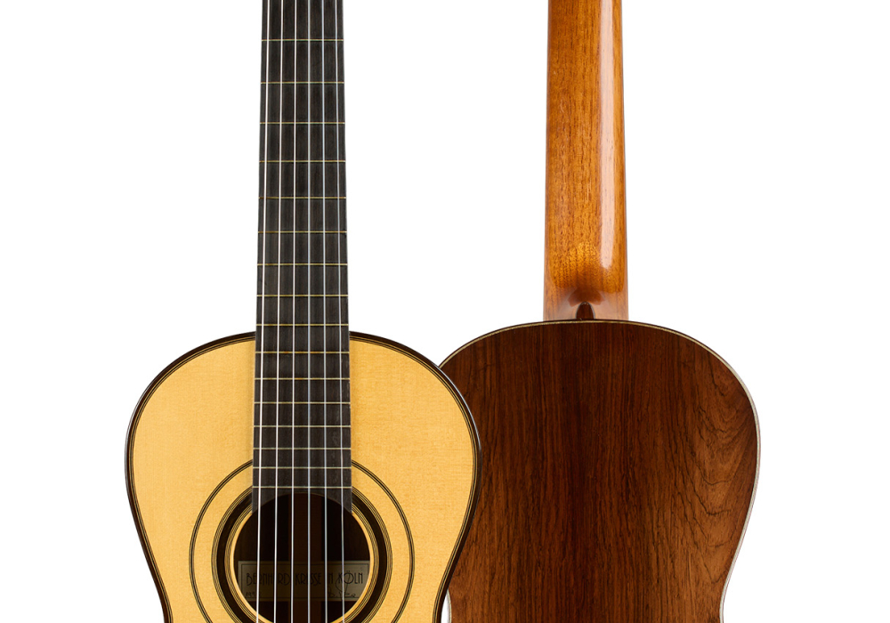 Front and back of a 1998 Bernhard Kresse Panormo reproduction classical guitar, spruce and CSA rosewood
