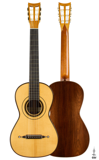 Front and back of a 1998 Bernhard Kresse Panormo reproduction classical guitar, spruce and CSA rosewood
