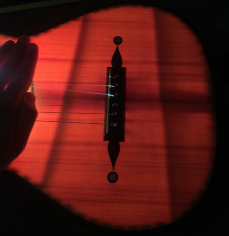 View of the internal top bracing of a 1998 Bernhard Kresse "Panormo" classical guitar made of spruce and CSA rosewood