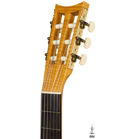 The headstock of a 1998 Bernhard Kresse "Panormo" classical guitar made of spruce and CSA rosewood
