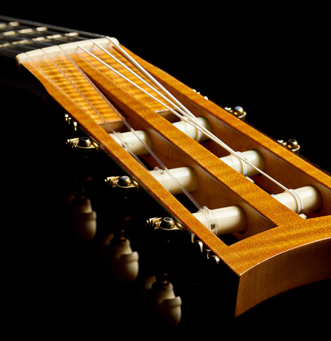The Panormo-shaped headstock and tuning machines of a 1998 Bernhard Kresse "Panormo" classical guitar made of spruce and CSA rosewood