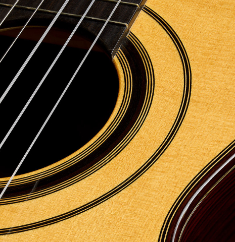 The soundhole and ring rosette of a 1998 Bernhard Kresse "Panormo" classical guitar made of spruce and CSA rosewood