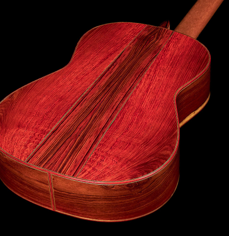 Back and sides of a 2023 Zoran Kuvac classical guitar made of cedar and cocobolo.