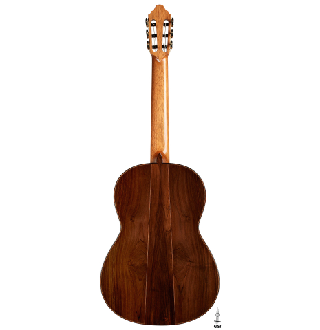 The back of a 2024 Zoran Kuvac "Double Top" classical guitar made of spruce and CSA rosewood