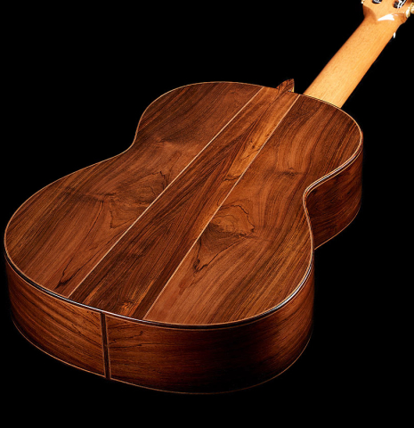 The back and sides of a 2024 Zoran Kuvac "Double Top" classical guitar made of spruce and CSA rosewood