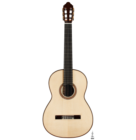The front of a 2024 Zoran Kuvac "Double Top" classical guitar made of spruce and CSA rosewood