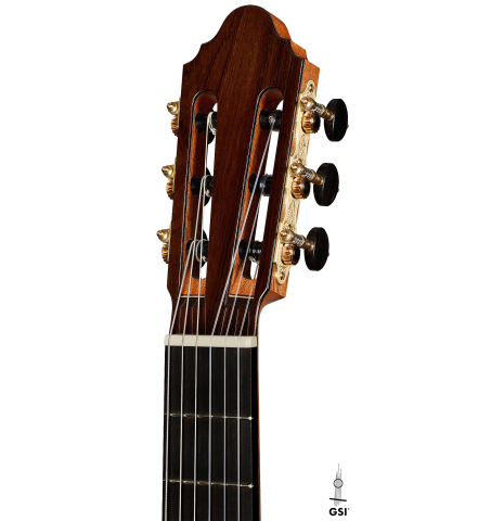 The headstock of a 2024 Zoran Kuvac "Double Top" classical guitar made of spruce and CSA rosewood