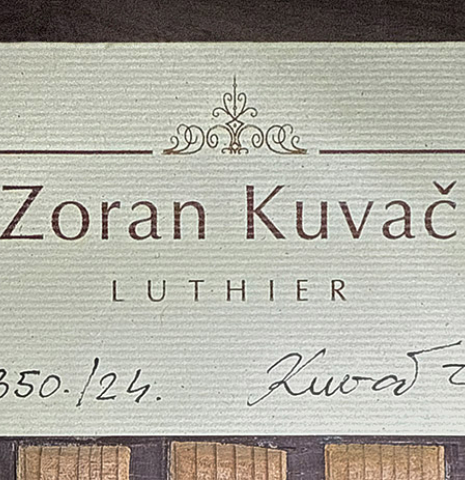 The label of a 2024 Zoran Kuvac "Double Top" classical guitar made of spruce and CSA rosewood