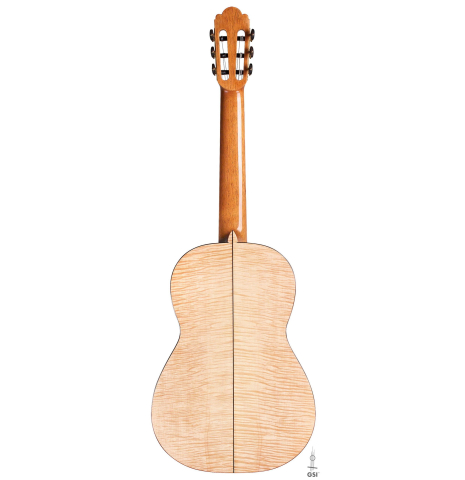 The back of a La Cañada "Model 17" classical guitar made of spruce and maple