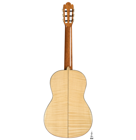 The back of a La Cañada "Model 17" classical guitar made of spruce and maple
