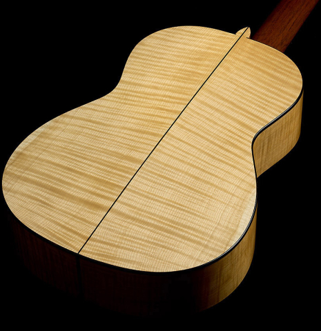 The back and sides of a La Cañada "Model 17" classical guitar made of spruce and maple