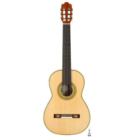 The front of a La Cañada "Model 17" classical guitar made of spruce and maple