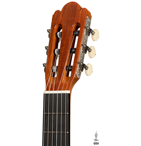 The headstock of a La Cañada "Model 17" classical guitar made of spruce and maple